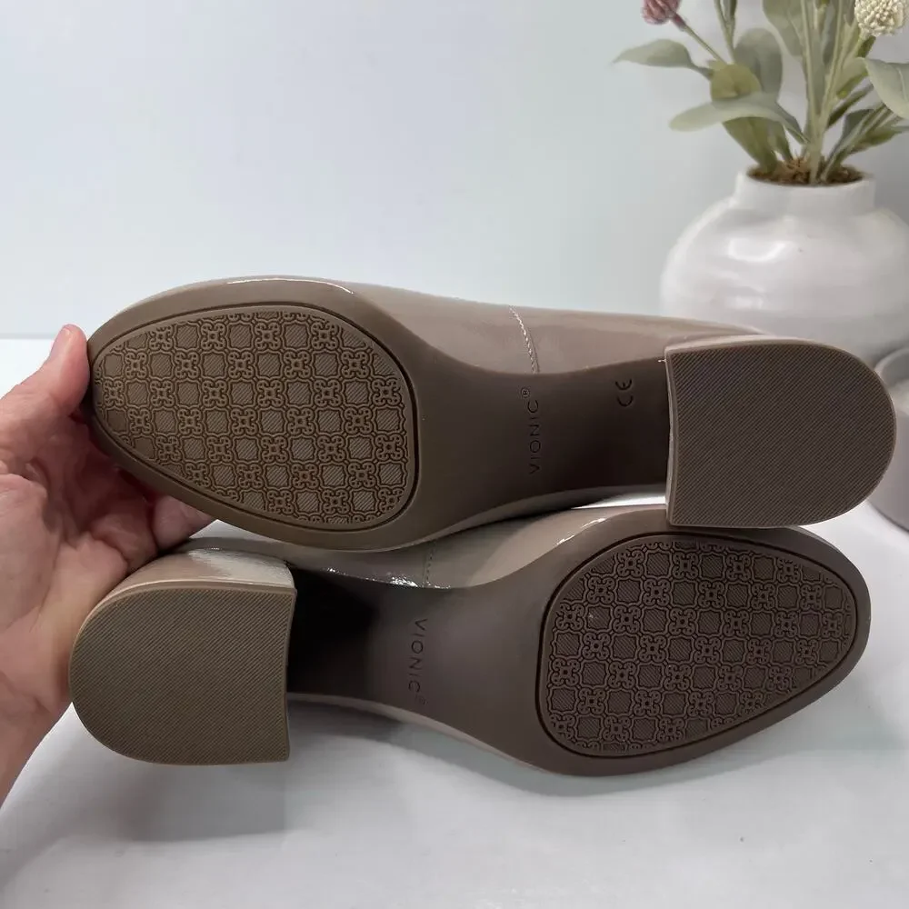 Vionic Carmel Patent Leather Slip On Chunky Heel Taupe Women's 9 M NWOB - Picture 9 of 11